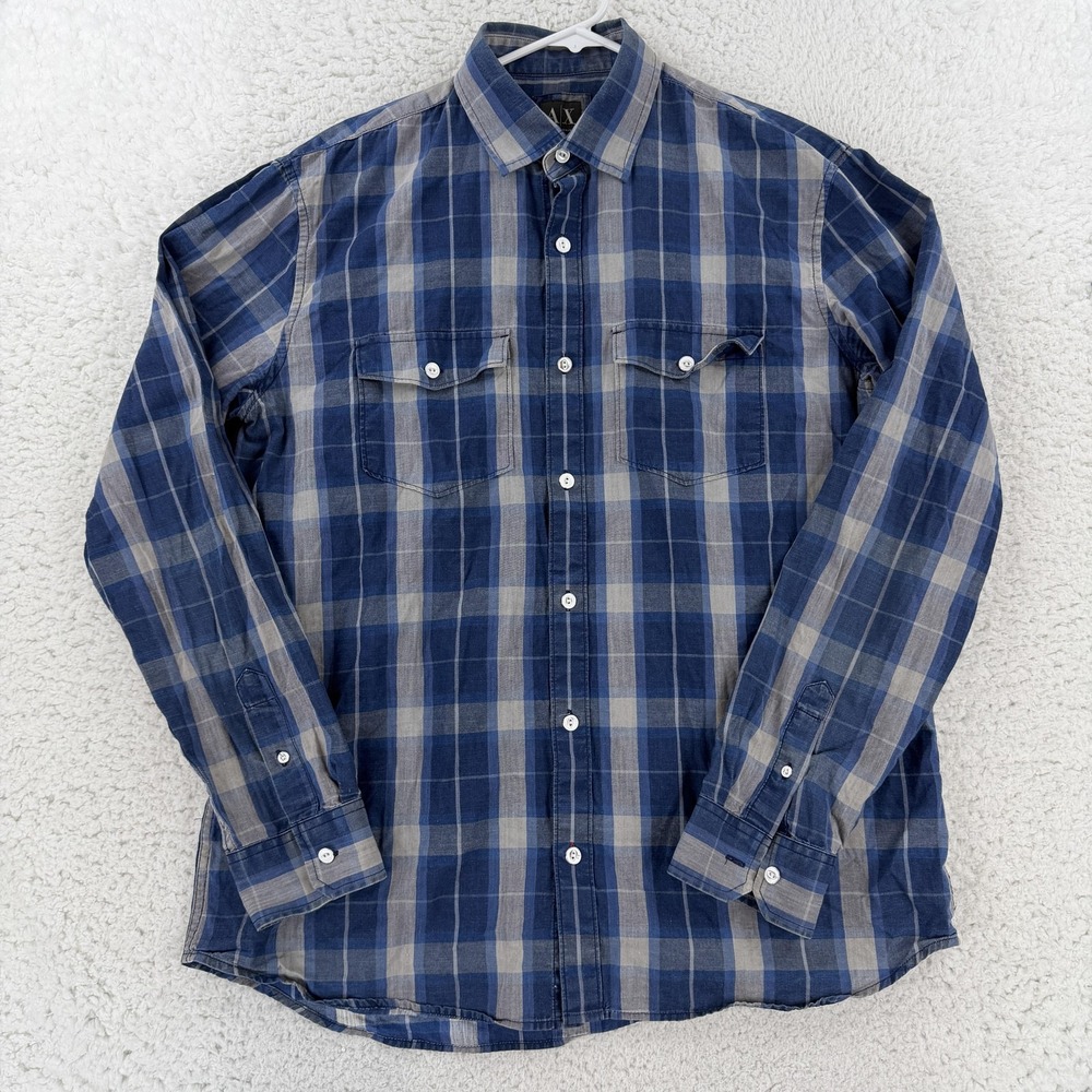 Armani Exchange Shirt Mens XL Blue Plaid Long Sleeve Button Up Casual Cotton